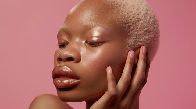 Morning makeup, lady, dermatology, and girl as studio background. Ladies with confidence, grooming ideas, smooth or clear skin on backdrop