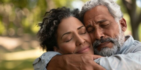 Obraz premium Senior couple, hug in park, garden, or nature for love, care, and calm. Retirement, support, and marriage for romance, quality time, and outdoor
