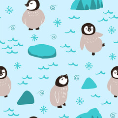 Cute cartoon baby penguins having fun on ice in Antarctica seamless pattern for farbric and paper design. Hand drawn winter season Christmas illustration.