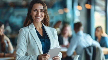 Smiley businesswoman with tablet for office research, email, and browsing. Technology, touchscreen, happy female employee, professional networking, social media, online scrolling
