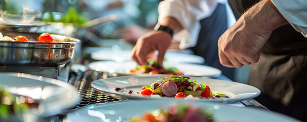 A chef preparing a gourmet tasting menu for a special dining event, each dish plated with artistic flair.