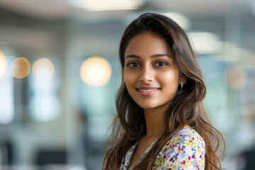 Smiley woman, pleasant office closeup, and happy small company owner. Entrepreneur management, marketing startup leader, and confident work performer