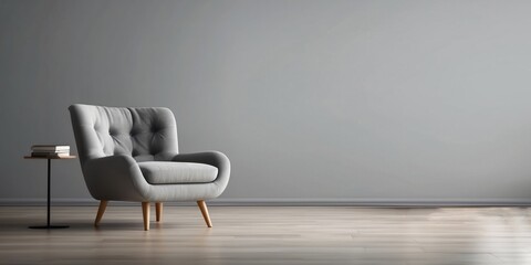 Interior home of living room with grey armchair on gray wall copy space mock up