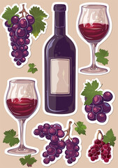 Sticker designs, cartoon style wine glasses and bottle of red wine sticker set with different styles of grapes and wine glass stickers on the side, flat illustration, 