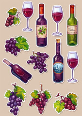 Sticker designs, cartoon style, wine glasses and bottles with grapes sticker set. Vector illustration for print on the light background