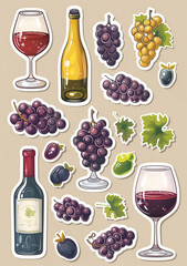 Sticker designs, wine glasses and bottle of reds and white grapes, cartoon style, sticker set on beige background, vector illustration