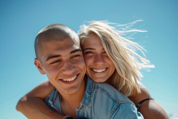 Obraz premium A woman, interracial couple, and piggyback enjoy the sun and love. Happy folks with smiles on vacation in the sun and blue sky