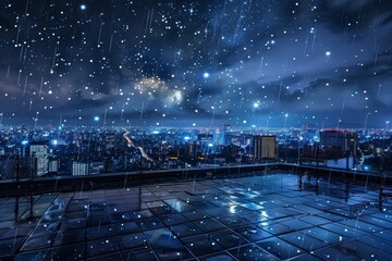 Breathtaking view of a starry night sky over a peaceful city skyline,with the tranquil urban lights reflected on the wet tiles of a rooftop,creating a serene and atmospheric scene.