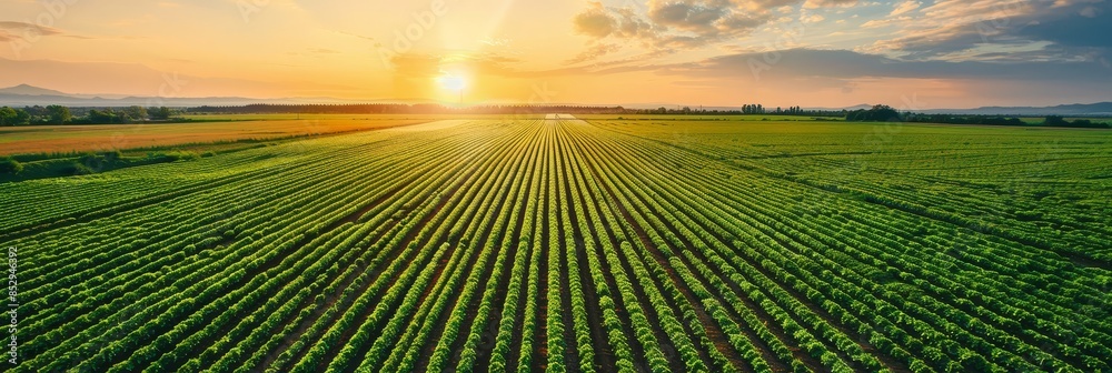 Wall mural Stunning aerial view of vast green farmland at sunrise showcasing the beauty and cultivation of agricultural landscapes. The image features rows of crops,a vibrant sky with clouds,and a peaceful.