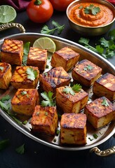 Paneer Tikka is popular appetizer made with cubes of paneer and veggies marinated with yogurt and spices