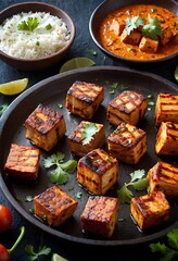 Paneer Tikka is popular appetizer made with cubes of paneer and veggies marinated with yogurt and spices