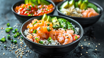 Shrimp poke bowl rice avocado soy sauce and sesame on a black stone table