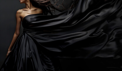 Man and woman in black silk dress, flowing fabric, elegant pose, dark background, closeup