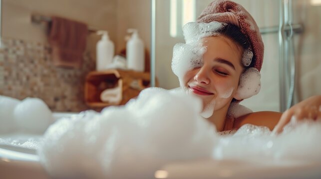 Girl enjoys bath time with bubbles and soap in a bathtub for body care and hygiene adding skincare products and having fun with water splashing in the bathroom