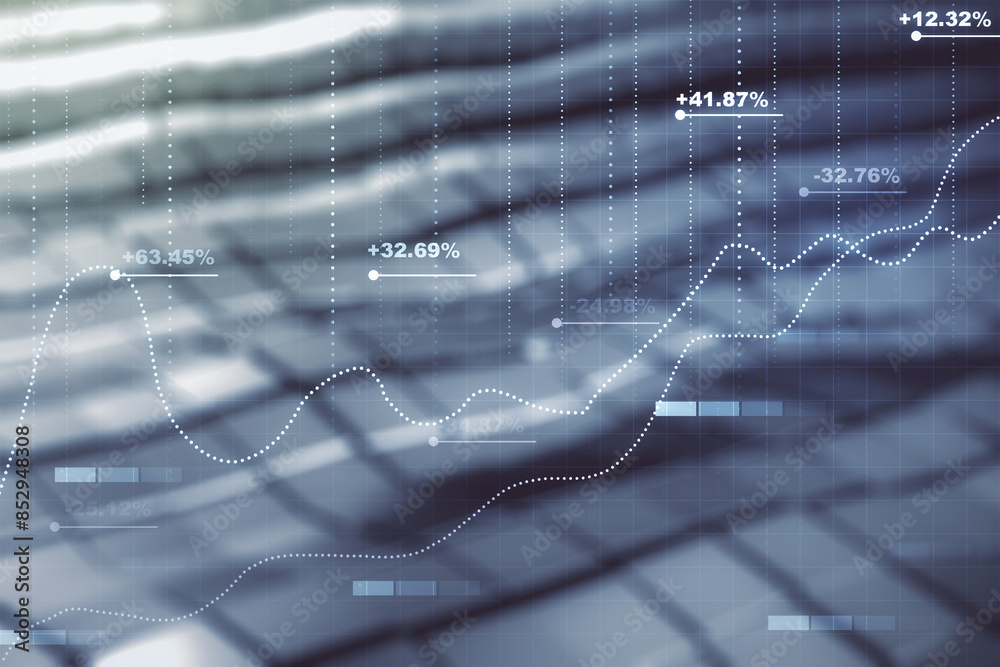 Poster Multi exposure of abstract virtual graphic data spreadsheet sketch on abstract metal background, analytics and analysis concept