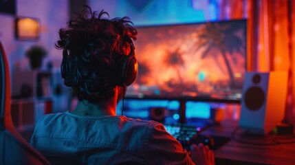 Fototapeta premium A gamer enjoying a late-night gaming marathon, illuminated by the glow of their gaming monitors and RGB keyboard. The room is filled with an array of colors, creating a dynamic and energetic