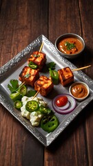 Paneer Tikka is popular appetizer made with cubes of paneer and veggies marinated with yogurt and spices