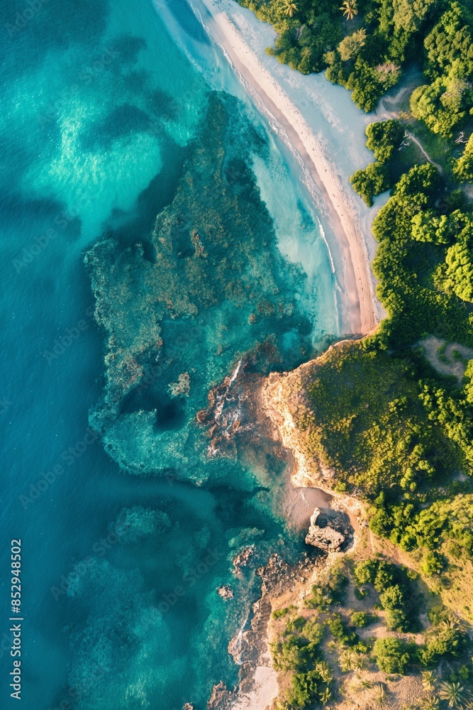 Wall mural Aerial view of a tropical lagoon with clear water and coral reefs, ideal for a peaceful holiday by the shore.