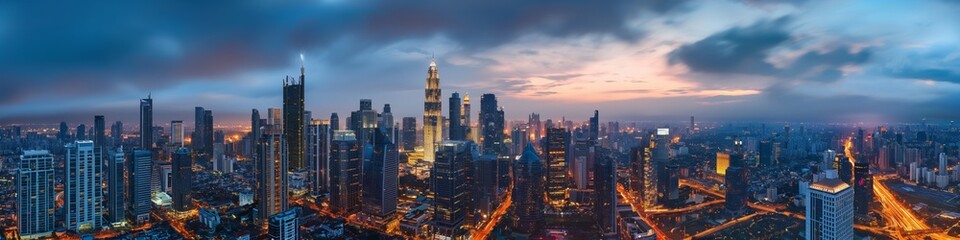 Fototapeta premium A panorama of a modern urban downtown skyline with skyscrapers and towers at dusk...