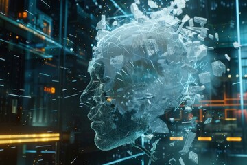 Obraz premium Digital head dissolving into particles amidst a high-tech, futuristic backdrop with neon lights