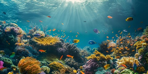 Fototapeta premium An enchanting underwater scene showcasing vibrant coral reefs and diverse marine creatures.