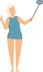 Senior woman is taking a selfie with a monopod while showing the peace sign