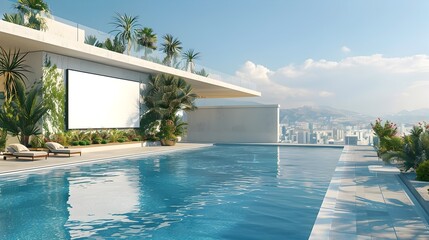 Fototapeta premium Luxurious 3D Rendered Rooftop Pool with Billboard and City Skyline
