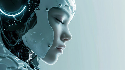 Close-up of a peaceful humanoid robot with closed eyes, showcasing advanced AI and sleek futuristic design in soft lighting.