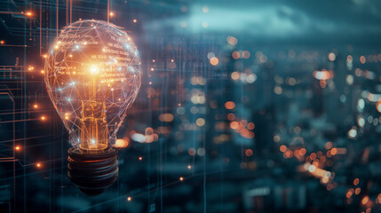 Leuchtende Glühbirne als Hologramm über einer vernetzten digitalen Stadt Generative AI