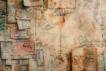 Fototapeta premium Collection of vintage passports and travel documents with stamps and handwritten notes, evoking nostalgia for past journeys.