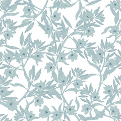Blue colour flowers and branches, blue outline around the pattern, white background. Seamless floral pattern-332.