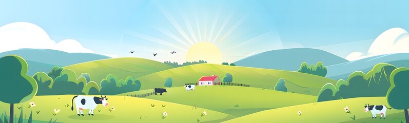 Fototapeta premium illustration of a farm with green hills and cows in the background