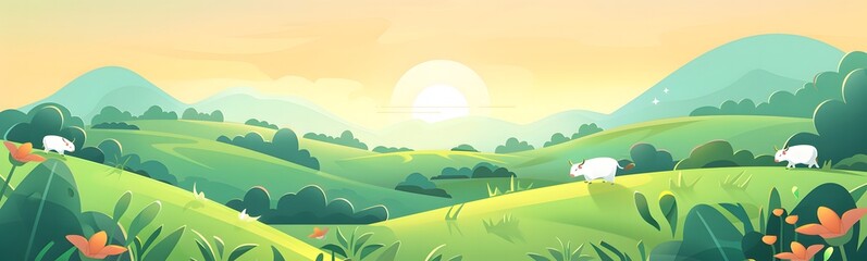 Obraz premium illustration of a farm with green hills and cows in the background