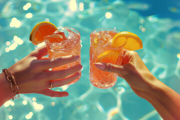 Refreshing summer cocktails enjoyed poolside with friends, featuring citrus slices and sparkling bubbles in the sunlight.