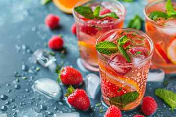 Refreshing citrus infused water in sparkling glasses, surrounded by fresh fruit slices and mint, amidst a gentle rain.