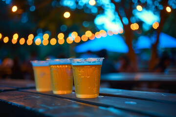 Row of cold beer in plastic cups on a bar counter, illuminated by vibrant bokeh lights.
