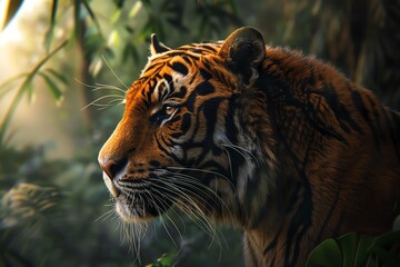 Fototapeta premium Close-up of a majestic tiger in a lush, green jungle environment, showcasing detailed fur patterns and intense, focused gaze.