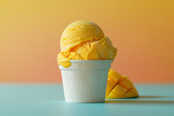 Mango ice cream scoops in a cup with fresh mango pieces and vibrant background.