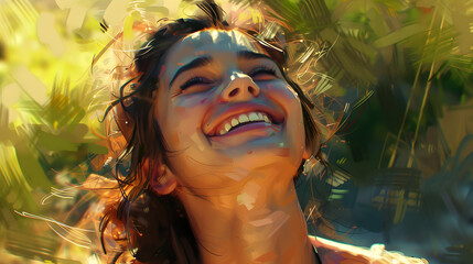 The smile on her face radiates pure happiness, with her eyes crinkling warmly, enhancing the expression of joy. The genuine, open-mouthed grin highlights her white teeth and full lips, creating a sens