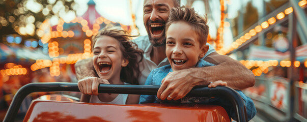 A family enjoying a day of fun at an amusement park, riding roller coasters and playing carnival games.