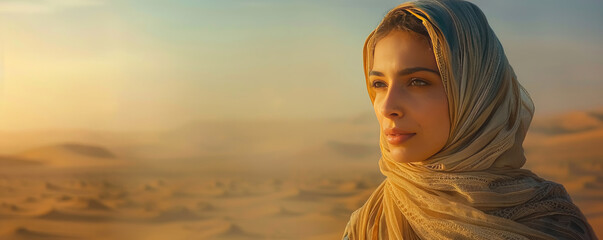 A Muslim woman stands in the desert, wearing a beautiful scarf that gently flutters in the wind. Her serene expression reflects inner peace amidst the vast desert landscape.