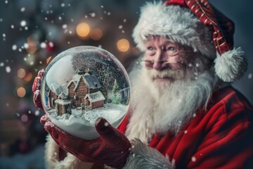 Santa Claus holding snow globe with snowflakes falling
