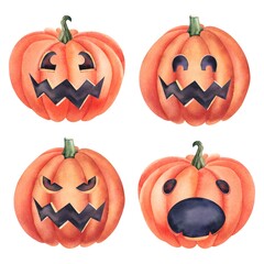 A set of pumpkins for Halloween, hand-painted in watercolor. An illustration for the design of postcards, invitations, banners for Halloween. Scary pumpkins with faces on a white background.
