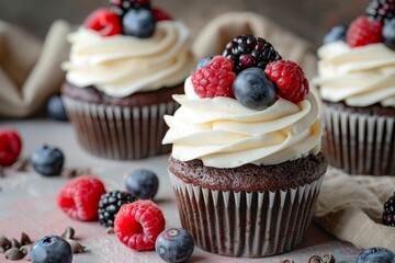 Indulgent chocolate cupcakes with luscious cream cheese frosting and vibrant fresh berries