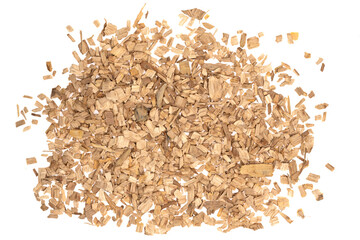 Wooden chips isolated on white background. small wood chips for smoking. sawdust texture. ecological fue