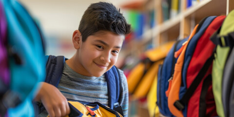 a Hispanic student packing their backpack with new school supplies