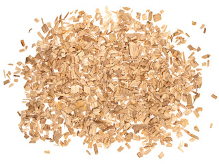 Wooden chips isolated on white background. small wood chips for smoking. sawdust texture. ecological fue