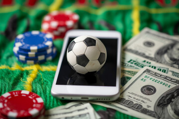 Soccer ball balanced on a smartphone with casino chips and dollar bills, concept of sports betting.