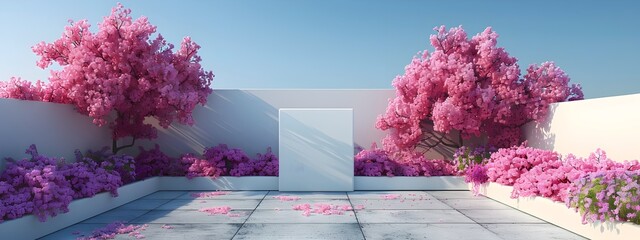 A 3D rendered scene of a serene rooftop lilac garden in a vibrant city setting featuring a simple white billboard against a backdrop of blooming purple flowers and a clear blue sky