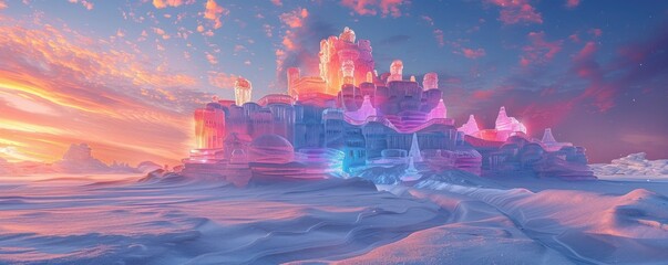 Worms-eye view of a glowing ice castle at Harbin Ice and Snow Festival, intricate carvings and brilliant colors, slightly cloudy night sky, digital CG 3D, photorealistic detail